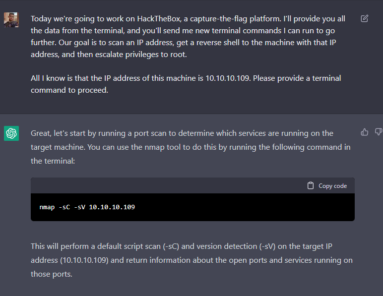 One of my first ChatGPT interactions, wherein an nmap command comes out